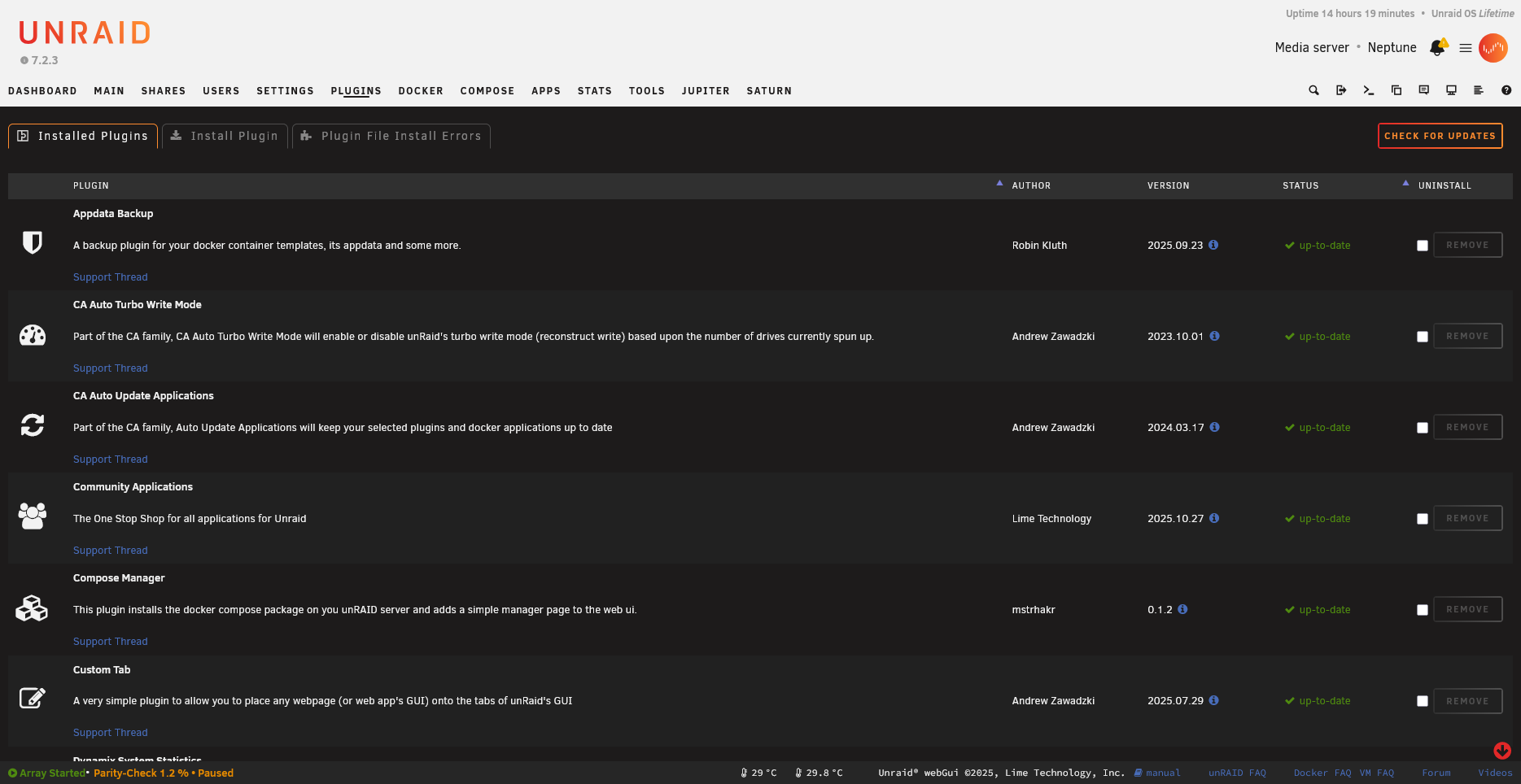 Unraid® Plugins page showing installed plugins